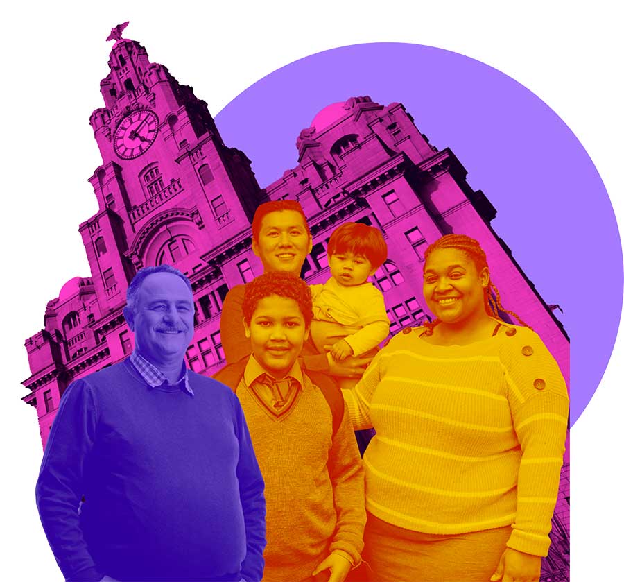 Collage of Liverpool residents against Liver building backdrop