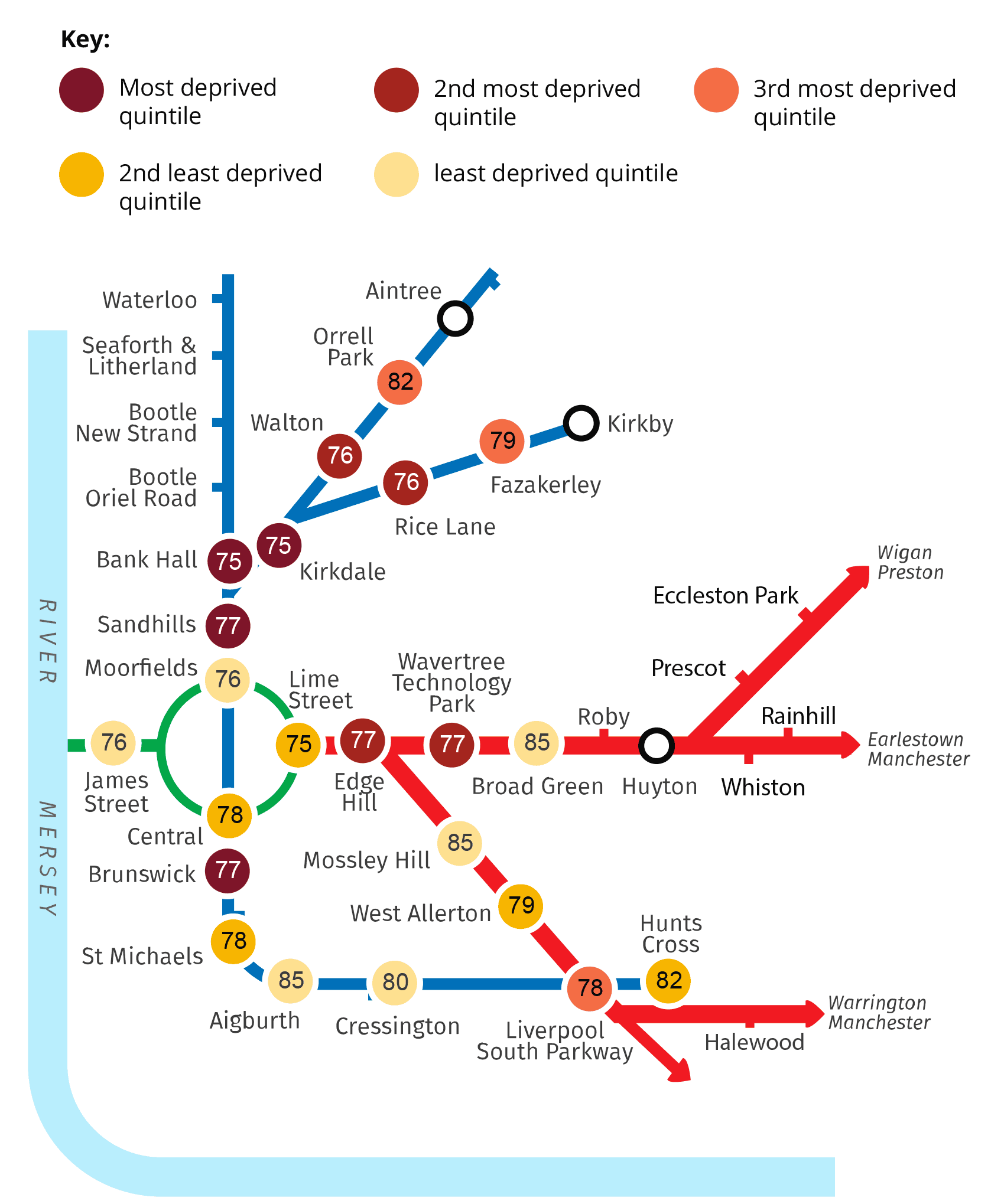 Edited Merseyrail train station map showing life expectancy for each station