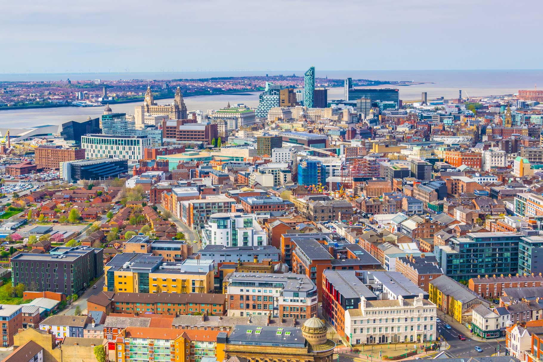 Aerial view across the city of Liverpool on a clear day