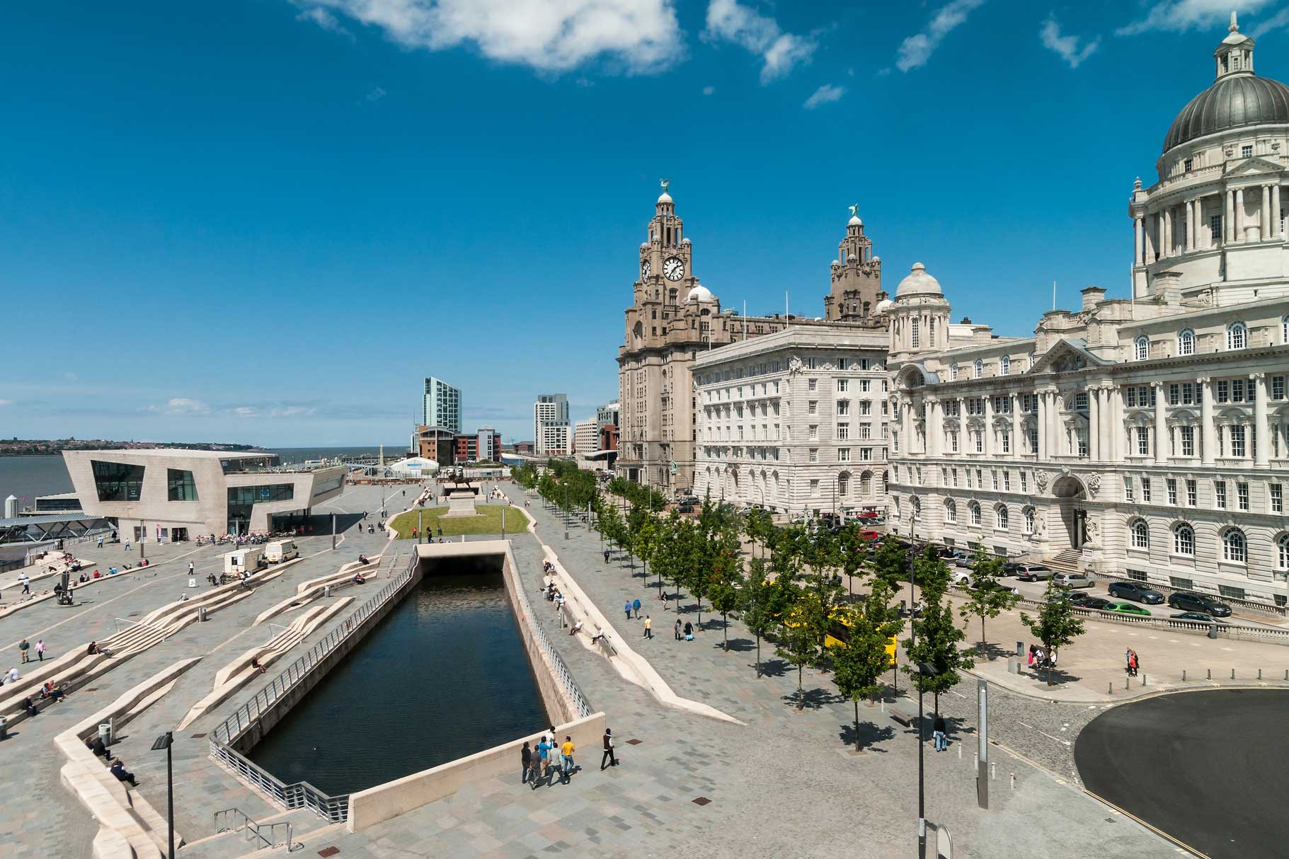 View of Liverpool canal and three grace buildings on a summers day