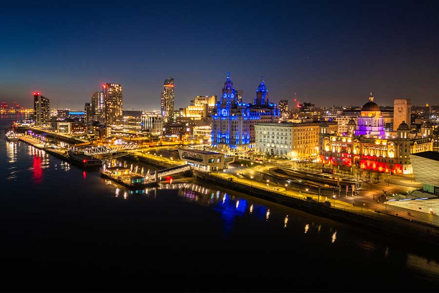 Aerial view of Liverpool water front at night