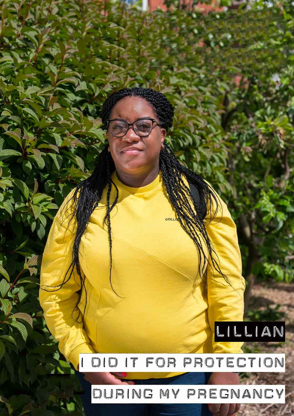 Young pregnant woman with caption: I did it for protection during my pregnancy